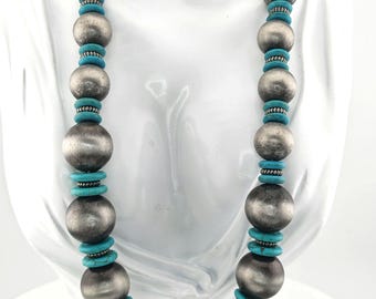 Southwestern Silver Tone Turquoise Bead Statement Necklace