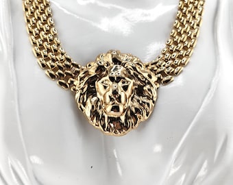 Vintage Gold Tone Lion Head Statement Necklace Heraldic Collar