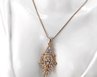 Vintage Art Nouveau Style Rhinestone Pendant Necklace Gold Tone Ornate Drop Bridal Jewelry
