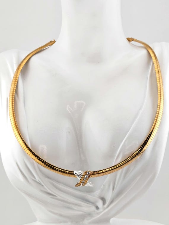 Vintage Avon Gold Tone Omega Snake Chain Choker Rhinestone Slide Necklace Two Tone 1990s View 2