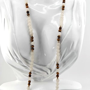 Tiger’s Eye & Translucent Milky Quartz Bead Necklace 14k Gold Clasp Long Strand