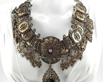 Vintage Bohemian Bib Necklace Tribal Statement Necklace Victorian Revival Festival Jewelry Black Glass Teardrop Pendant Belly Dance