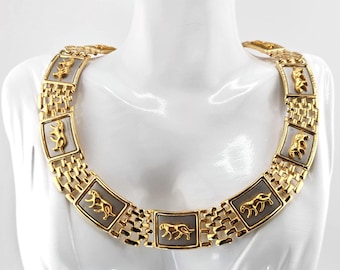 Vintage Panther  Motif Statement Necklace – Gold Tone Panel Link – 80s Couture Style Two Tone