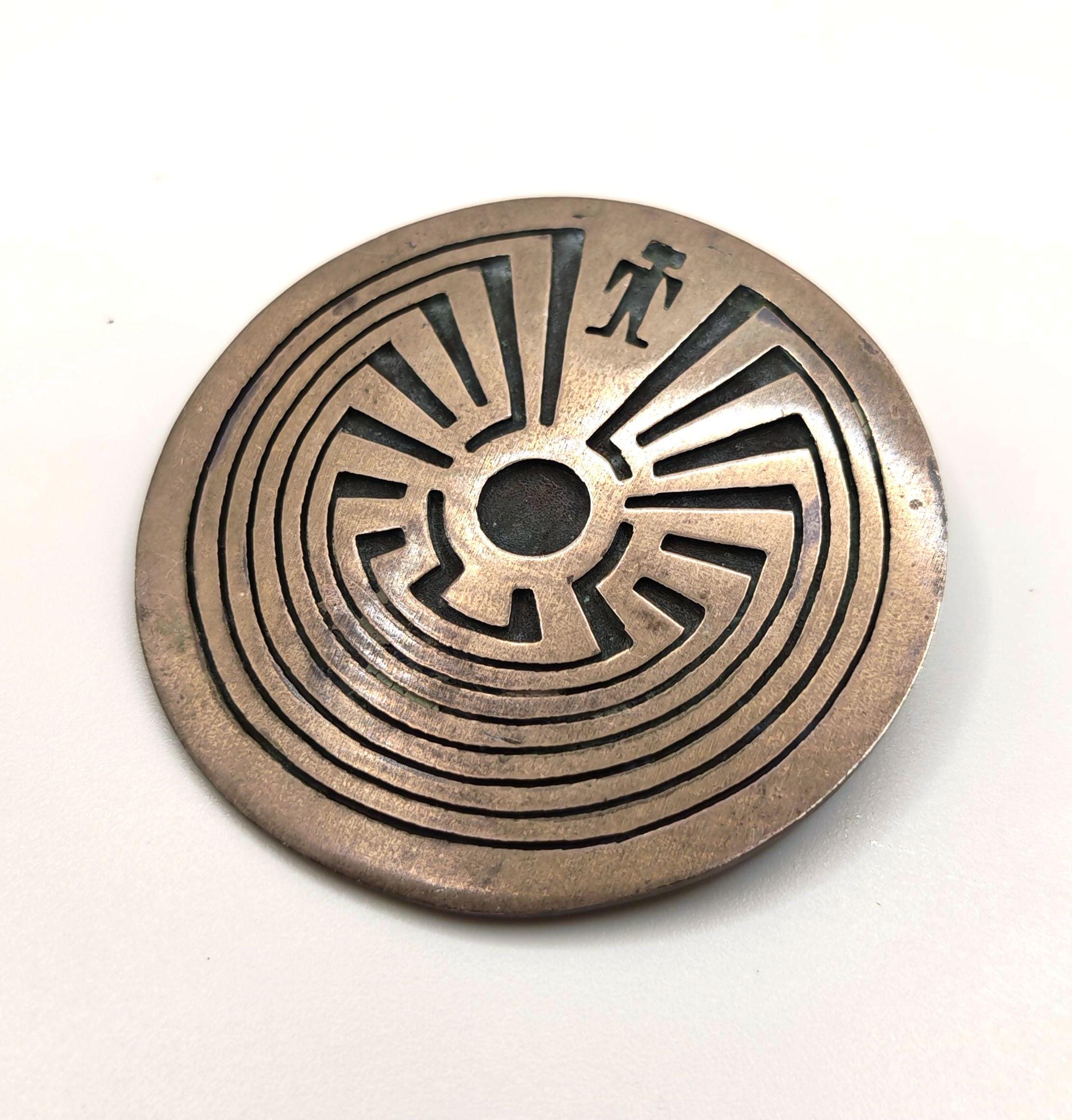 Hopi Overlay Sterling Silver Man in the Maze Brooch Pendant Mark