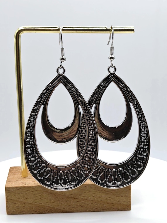 Silver Tone Layered Teardrop Statement Earrings –… - image 2
