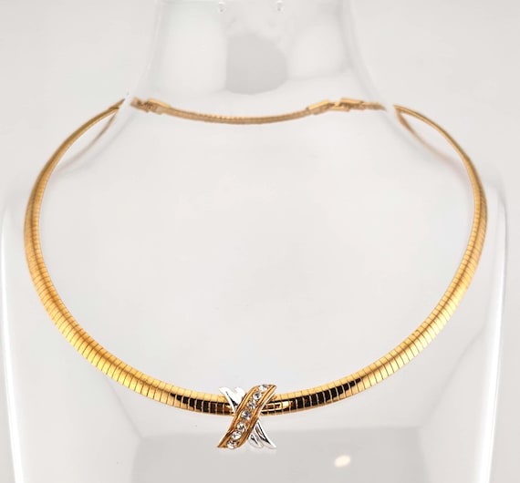 Vintage Avon Gold Tone Omega Snake Chain Choker Rhinestone Slide Necklace Two Tone 1990s