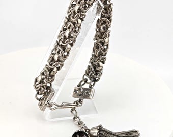 Vintage Silver Tone Byzantine Rope Chain Tassel Bracelet Statement Runway Jewelry Chunky Couture Style Boho Glam Layering Piece