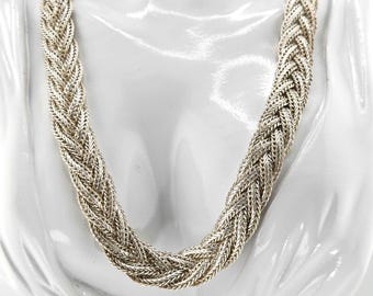 Vintage Silver Tone Braided Mesh Necklace – Multi Strand Woven Statement Collar Necklace