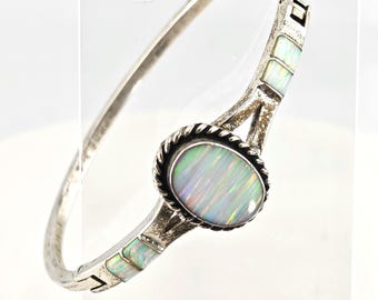 Vintage Mexico Opal Inlay Hinged Bangle Bracelet Silver Tone Southwestern Style Bracelet