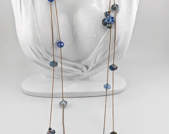 Vintage Ali Kahn New York Blue Crystal Station Necklace Y2K Boho Layered Glass Bead Necklace