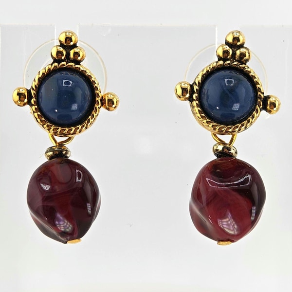 Vintage Gold Tone Byzantine Style Drop Earrings Blue Cabochon Burgundy Marbled Beads