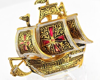 Vintage Spanish Galleon Ship Brooch Damascene Style Gold Tone Red Enamel Sailing Ship Pin Mid Century Spain Jewelry
