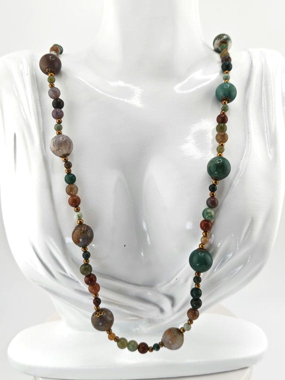 Indian Agate Jasper Gemstone Necklace Mixed Agate & Jasper Beaded Necklace Natural Stone Boho Earth Tone Beads