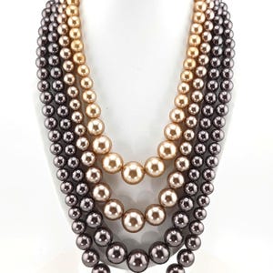 Vintage Japan Multi Strand Faux Pearl Necklace Graduated Champagne Gray Statement Bow Clasp Ombre