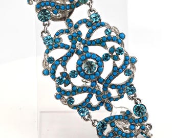Vintage Aqua Blue Rhinestone Filigree Bracelet Silver Tone Statement Jewelry Turquoise Color Cabochon Bracelet Boho Glam Chunky Bracelet