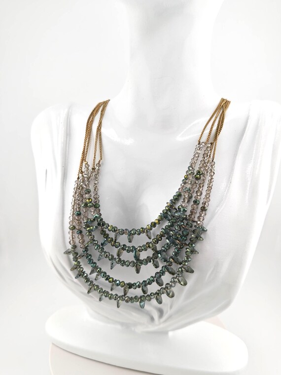 Green Crystal Multi Strand Statement Necklace – G… - image 1