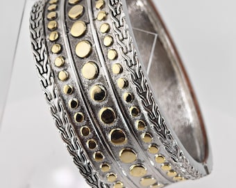 Vintage Mixed Metal Wide Cuff Bracelet Silver Tone Gold Dot Statement Bracelet Byzantine Chain Motif