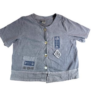 Vintage Viva City Patchwork-Top, blaue Baumwolle, Boho-Bluse mit Fischmotiven und Sonnenmotiven
