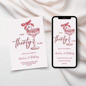 May include: A birthday invitation and a smartphone show a red cocktail glass illustration with a cherry and bow. The text says "Talk Thirty To Me" and includes event details. The invitation is on a white background.