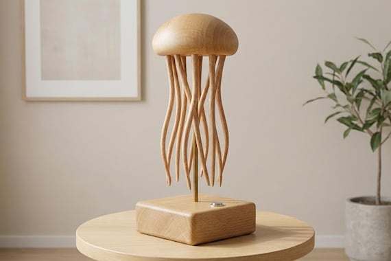 A hand-carved wooden jellyfish that actually moves via mechanical automaton linkage — kinetic desk art that feels like it's swimming in air.
