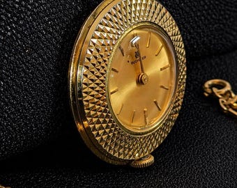 Vintage Bucherer Ladies Pendant Watch Necklace - Swiss Made - Gold Tone Ornate Design