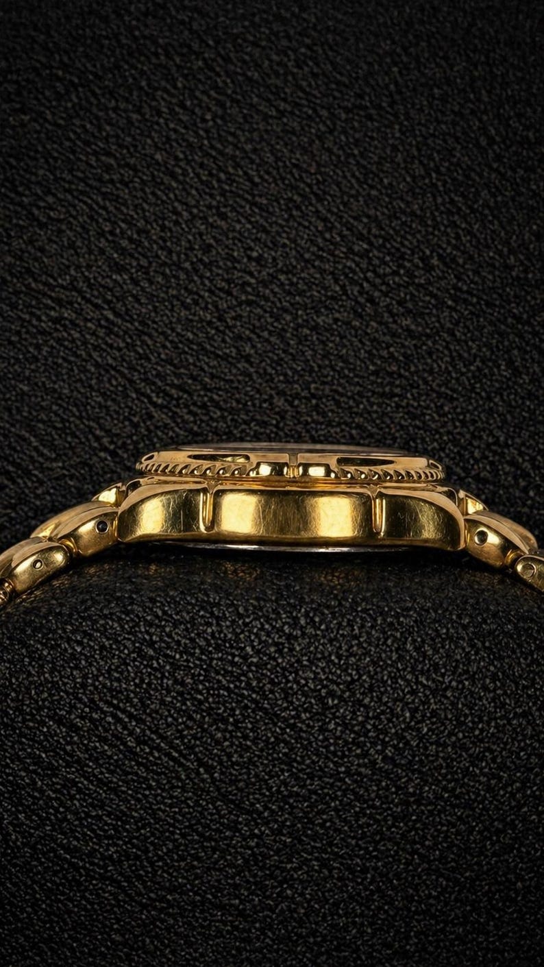 May include: A gold-toned wristwatch with a matching band, viewed from the side. The watch face is dark, and the bezel has a decorative pattern. The band links are small and rounded. The watch is set against a textured black background.