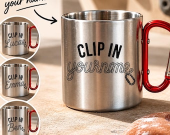 Caneca de escalada personalizada com mosquetão, caneca de aço inoxidável para escalada, presente para praticantes de boulder, caneca com nome para encaixe, ideal para escaladores.