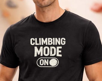 Camiseta Climbing Mode On, Camiseta de escalada para homens e mulheres, Presente ideal para praticantes de boulder, Camiseta minimalista para escalada, Algodão orgânico