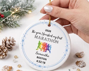 Gepersonaliseerd kerstornament voor de eerste marathon, cadeau voor marathonlopers, kerstornament voor de marathon (26,2 mijl), gepersonaliseerd hardloopcadeau, aandenken voor marathonlopers