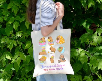 Schattige capibara draagtas, er bestaat niet zoiets als te veel boeken canvas draagtas, boekenclub cadeau, boekenliefhebber draagtas, cadeau voor schoolmeisje