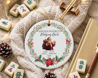 Kerstornament met de favoriete mahjongmeisjes van de Kerstman, Mahjong-kerstornament, cadeau voor mahjongspelers, cadeau voor mahjongvrienden, cadeau voor mahjongliefhebber