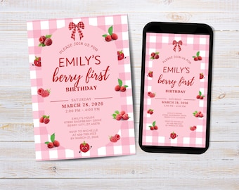 Berry eerste verjaardagsuitnodiging, framboos verjaardagsfeestje uitnodigen, afdrukbare 1e verjaardag, Berry 1e verjaardagsuitnodiging, bewerkbaar canvas