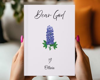 Dear God Prayer Journal, Custom Prayer Notebook, Personalized Christian Journal, July Birth Flower (Larkspur) Journal, Bible Study Notebook