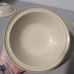 May include: A round, speckled beige bowl with a smooth, light-colored interior and a thin, olive-green band encircling the outer rim. The bowl features a wide, flat edge and a deep, circular basin, showcasing a simple, functional design.
