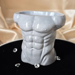 May include: A light gray concrete planter shaped like a human torso with defined abdominal muscles and pectoral muscles. The sculpture features a hollow opening at the top and is surrounded by several small, clear, faceted decorative crystals.