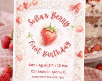 Berry First Birthday Invitation: Strawberry Theme, Editable Template