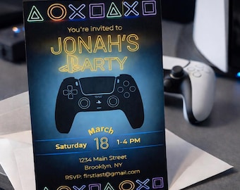 Neon PlayStation Birthday Invitation - Editable Digital Template