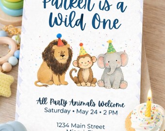 Wild One Birthday Invitation: Safari Animals, Editable Canva Template