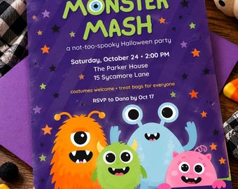 Monster Mash Kids Halloween Party Invitation, Editable Canva Template, 5x7 Printable, Instant Download