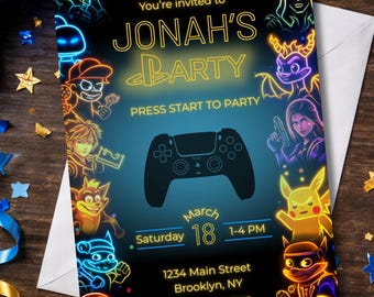 PlayStation Birthday Invite, Neon Controllers (Editable Digital Template)