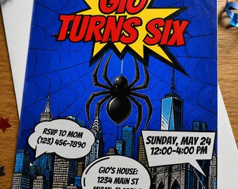 Spider Superhero Birthday Invitation - Comic Book Style Party Card