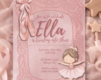 Girls Ballet Invitation, Pink Ballerina Twirling (Age 3 Birthday)
