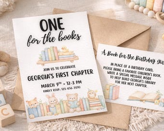 Book Theme First Birthday Invitation, Watercolor Woodland (Digital Template)