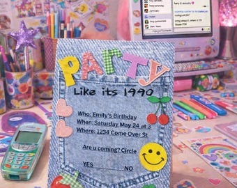 Retro Denim Birthday Invitation - Y2K Style, Editable Canva Template