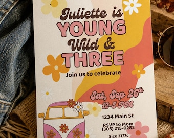 Groovy Wild and Three Birthday Invite, Retro Flower Power (Editable Canva)