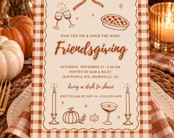 Pass the Pie Rust Gingham Friendsgiving Invitation, Editable Canva Template, 5x7 Printable, Instant Download