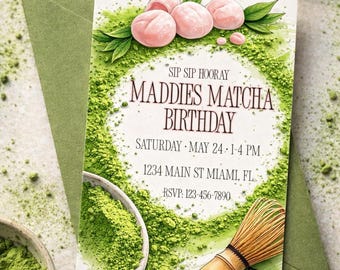 Matcha Mochi Birthday Invitation, Green and Blush (Editable Digital)