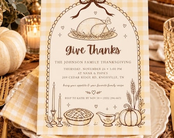 Give Thanks Gingham Family Thanksgiving Invitation, Editable Canva Template, 5x7 Printable, Instant Download