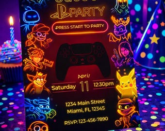 Neon Gaming Birthday Invite - PlayStation Theme for Kids' Parties