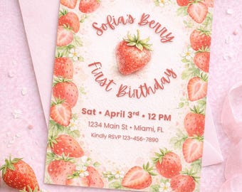Berry First Birthday Invitation - Strawberry Party Editable Invite